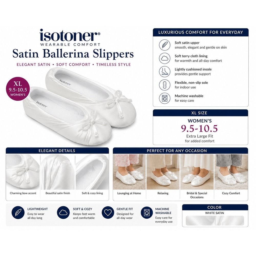 Isotoner Womens Satin Ballerina Slippers White Bow House Shoes Size XL 9-10